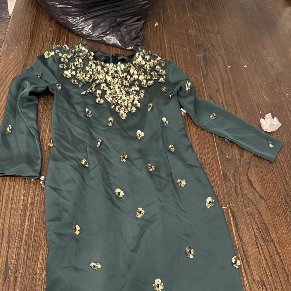 Christian Siriano Forest Green Long Sleeve Dress with Gold Sequin Embellishments